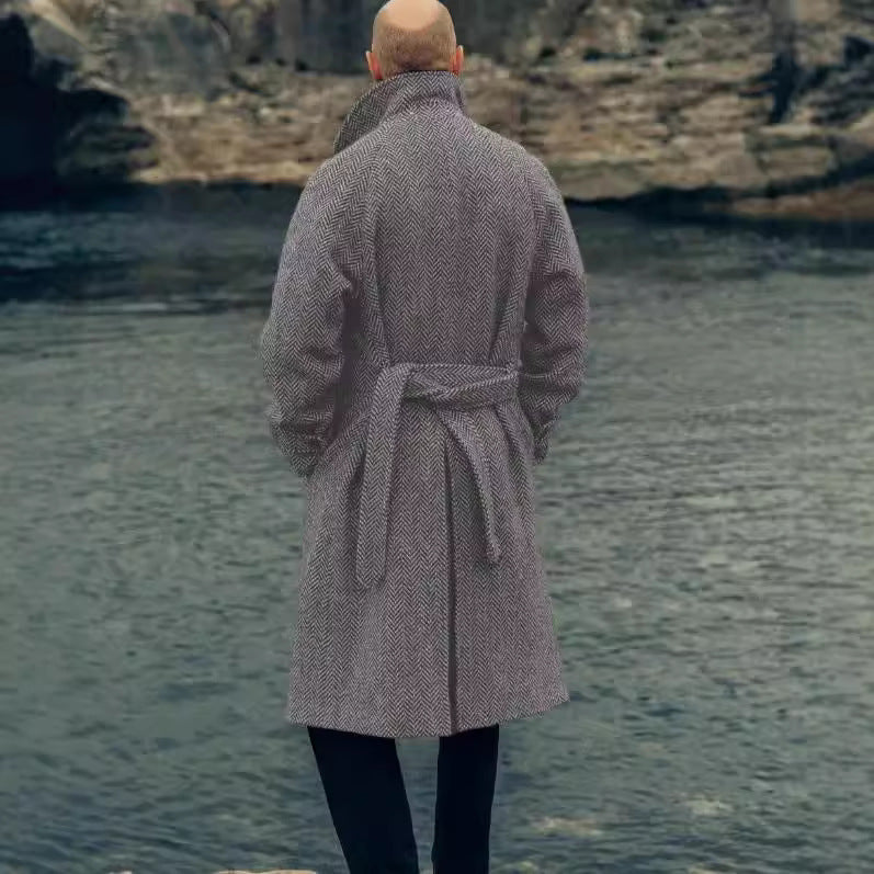 Herren eleganter Wollmantel mit Fischgrätmuster Aliams