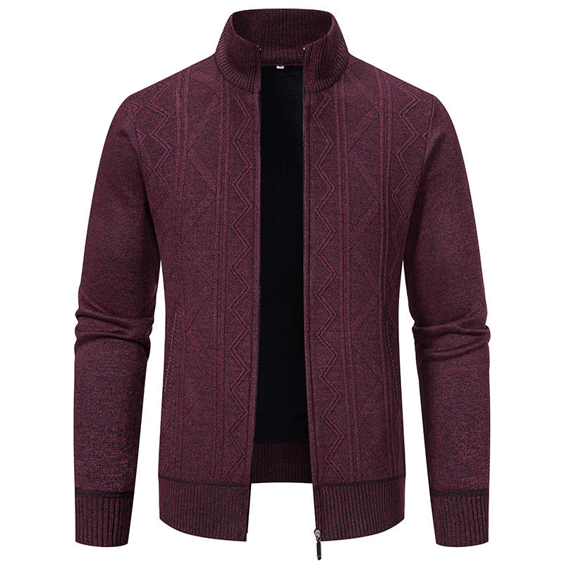 Herren elegante Strickjacke mit strukturiertem Zopfmuster und hohem Kragen Aliams