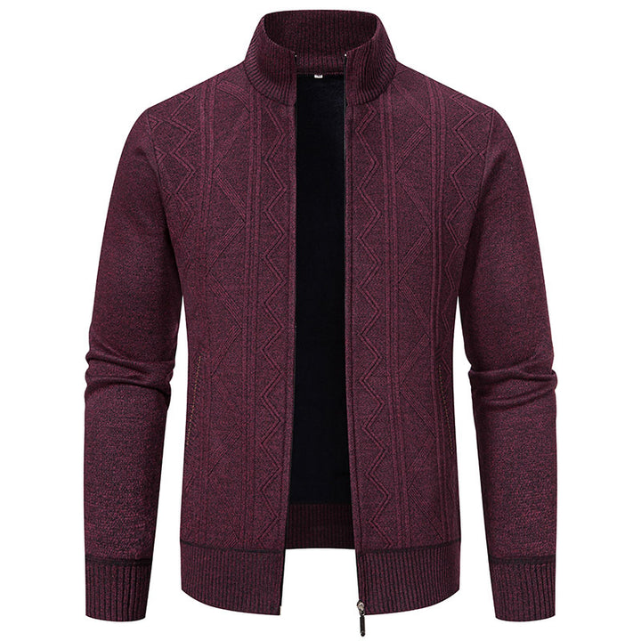 Herren elegante Strickjacke mit strukturiertem Zopfmuster und hohem Kragen Aliams