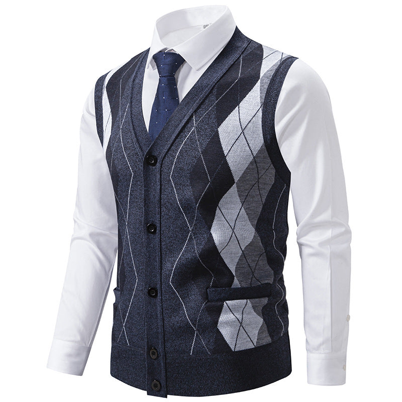 Herren elegante Strickweste mit klassischem Rautenmuster und praktischen Taschen Aliams