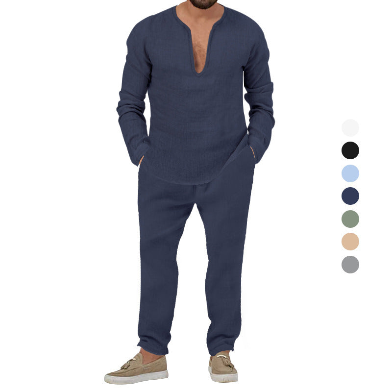 Herren Elegantes Leinen-Loungewear-Set mit Stehkragen Aliams