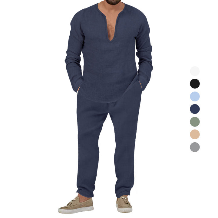 Herren Elegantes Leinen-Loungewear-Set mit Stehkragen Aliams