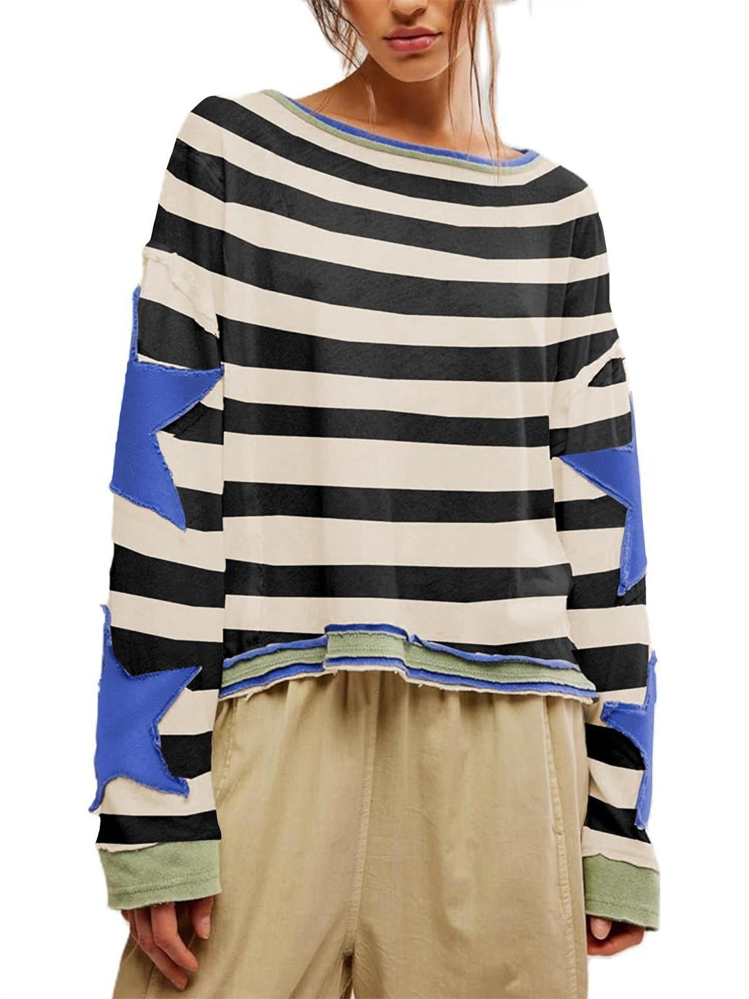 Damen Lässiger Sweatshirt mit Gestreiftem Design und Sternenapplikationen Aliams