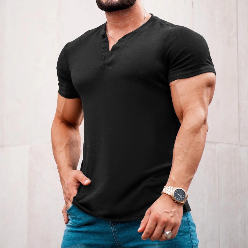Herren Kurzarm-Henley-T-Shirt aus atmungsaktiver Baumwolle mit dekorativer Knopfleiste Aliams