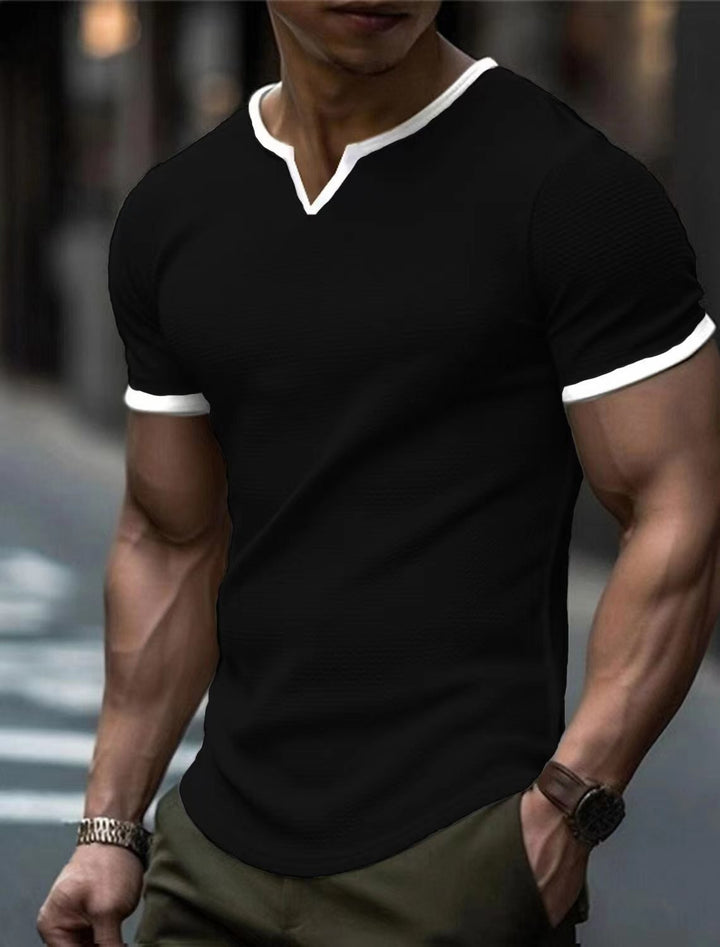 Herren Kurzarm T-Shirt mit strukturiertem V-Ausschnitt und kontrastierenden Ärmeln Aliams