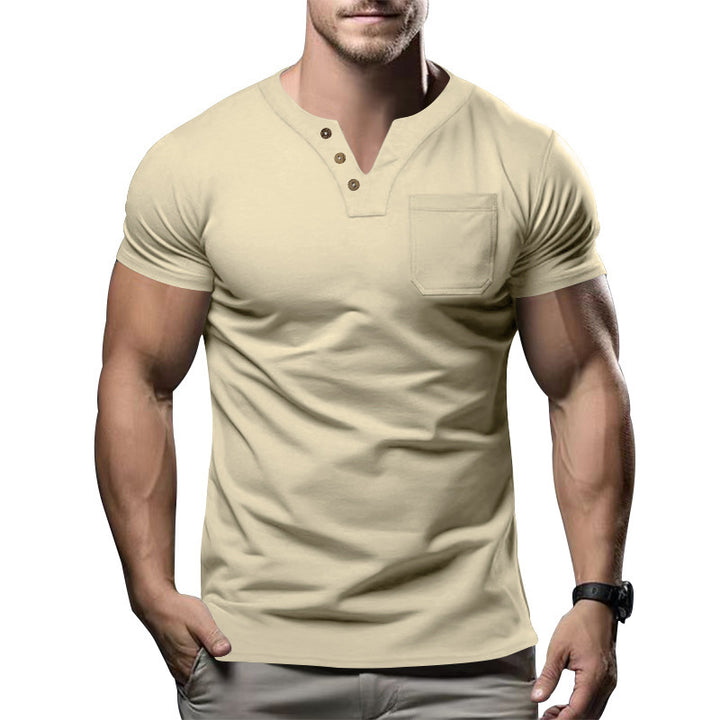 Herren Kurzarm-Henley-Shirt mit modischem Knopfdesign und praktischer Brusttasche Aliams