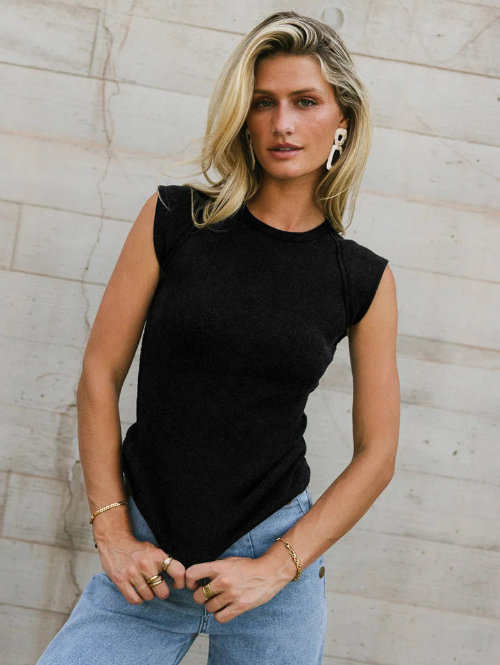 Damen Ärmelloses Rippenshirt mit Dekorativen Nähten Aliams