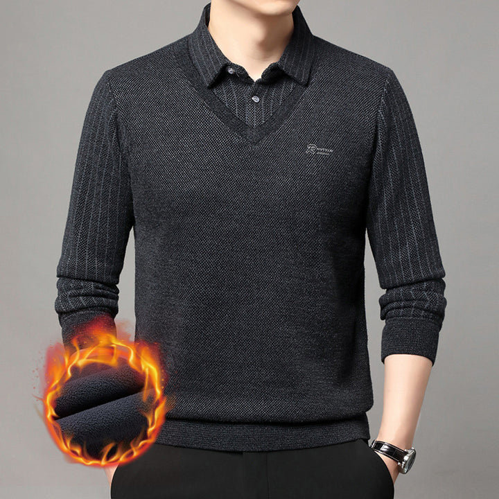 Herren eleganter V-Pullover mit strukturierten Ärmeln und klassischem Hemdkragen Aliams