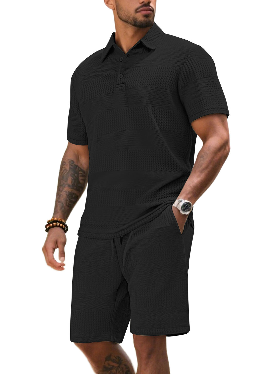 Herren Freizeitanzug mit strukturiertem Poloshirt und kurzen Hosen Aliams