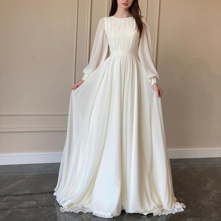 Aliams | Durchsichtiges Weißes Hochzeitskleid Rundhalsausschnitt Lange Ärmel Kleid
