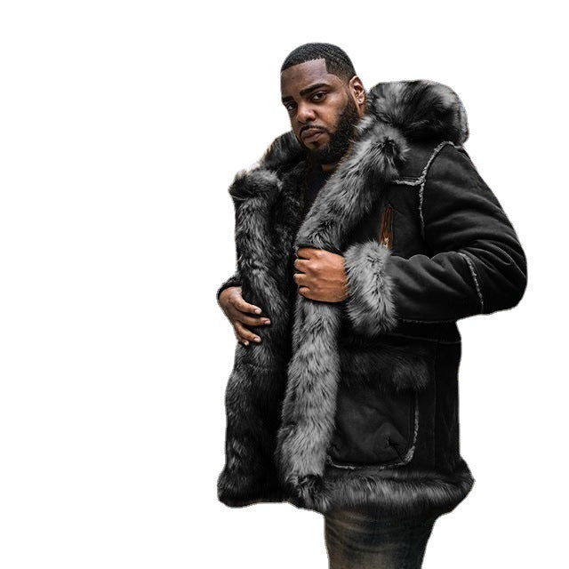 Herren Extravaganter Lammfellmantel mit voluminösem Kunstfellbesatz Aliams