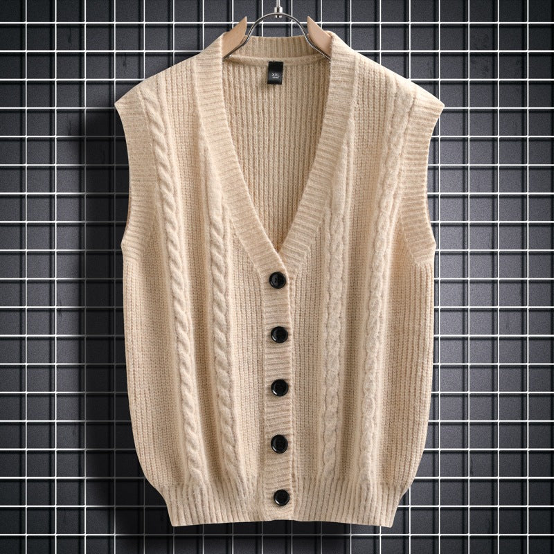 Herren ärmellose Strickjacke mit Zopfmuster und Knopfdetails Aliams