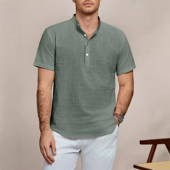 Herren Kurzarm Leinenhemd mit Stehkragen Aliams