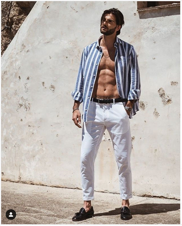 Herren stilvolles gestreiftes Leinenhemd Aliams