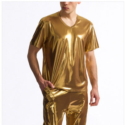 Herren glänzendes V-Ausschnitt T-Shirt im metallischen Look Aliams