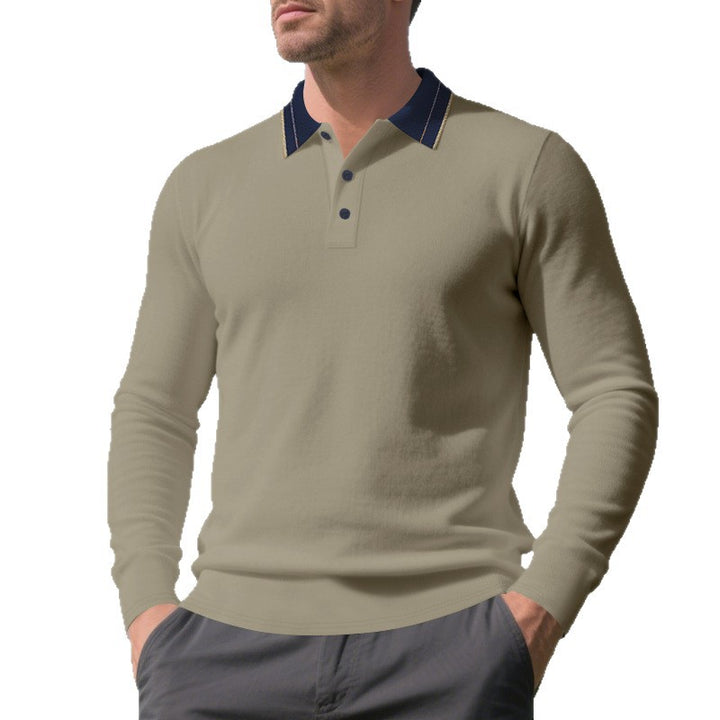 Herren elegantes Langarm-Polohemd mit kontrastierendem Kragen und modischen Knopfdetails Aliams