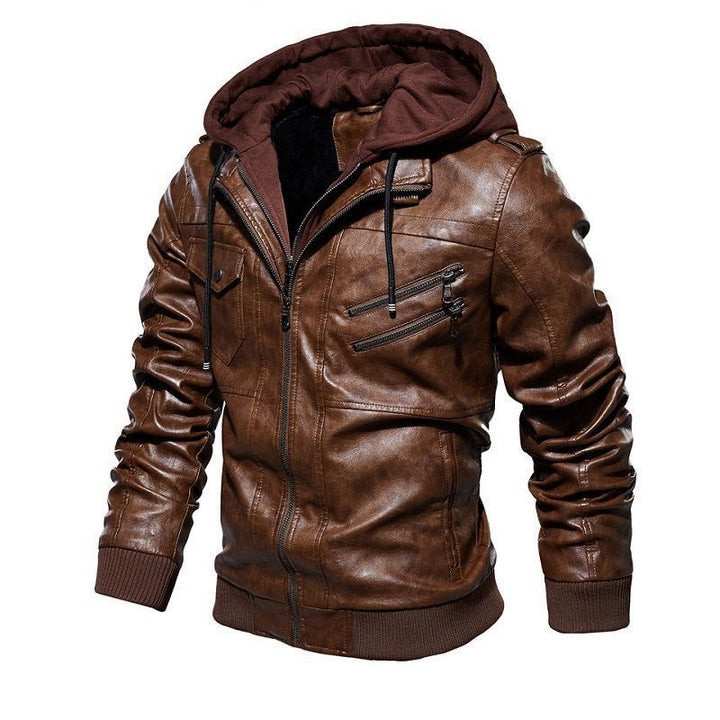 Herren Lederjacke mit integrierter Kapuze und praktischen Brusttaschen Aliams
