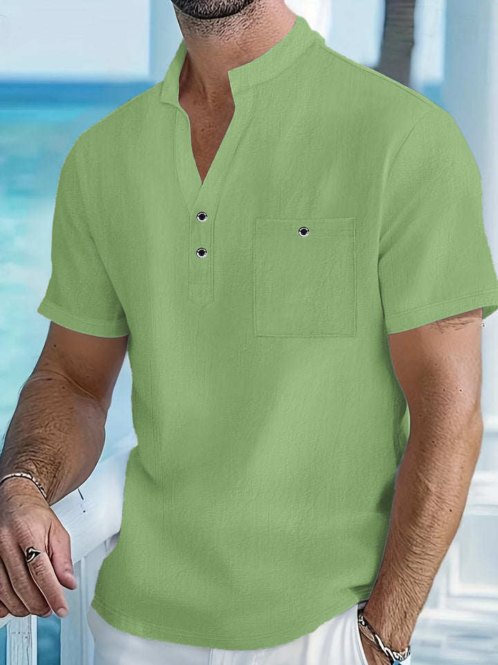 Herren Kurzarm-Hemd mit modischem Stehkragen und Knopfdetails Aliams