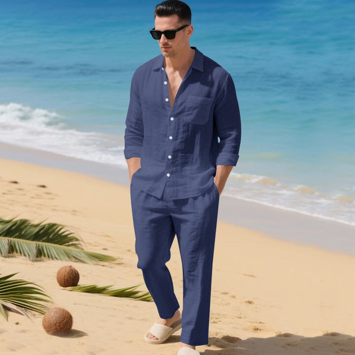Herren leichtes Leinen-Outfit mit stilvollem Hemd und eleganter Hose Aliams