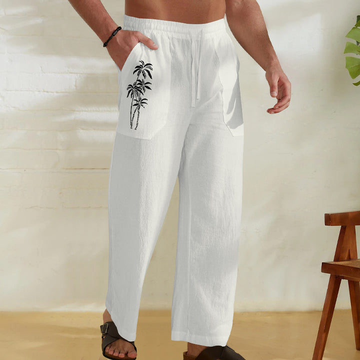 Herren Bequeme Leinenhose mit praktischem Kordelzug und Palmendruck Aliams