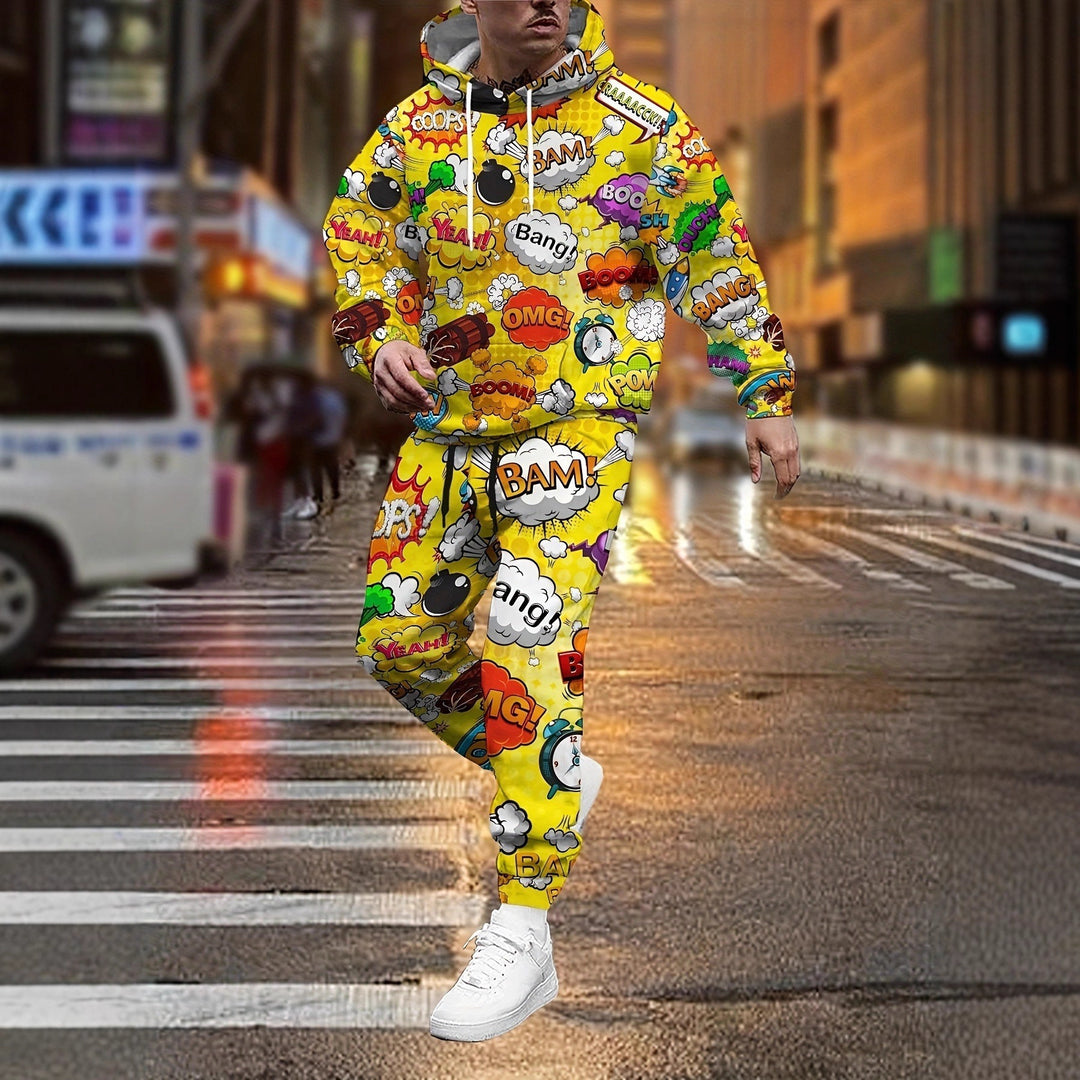 Herren Hoodie und Jogginghose im Comic-Stil mit buntem Druck Aliams