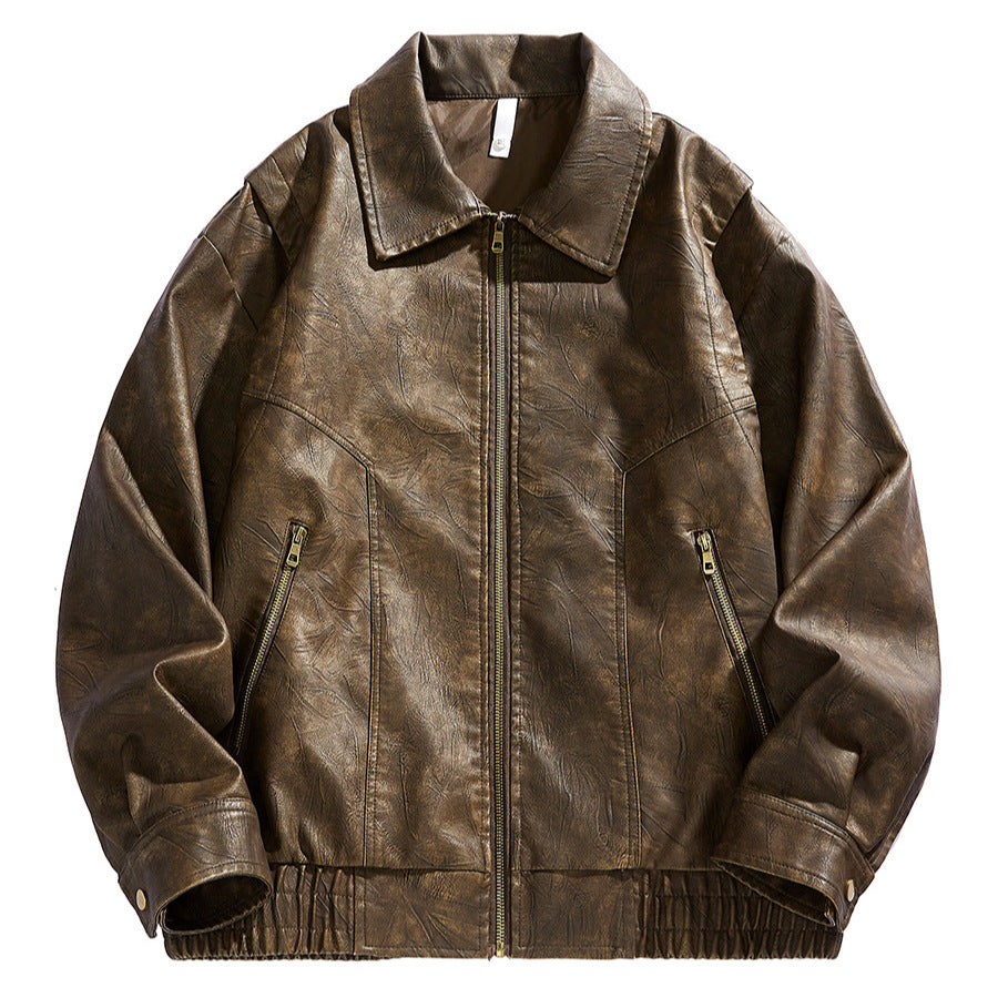 Herren kurz geschnittene Lederjacke mit elastischem Bund und Taschen Aliams