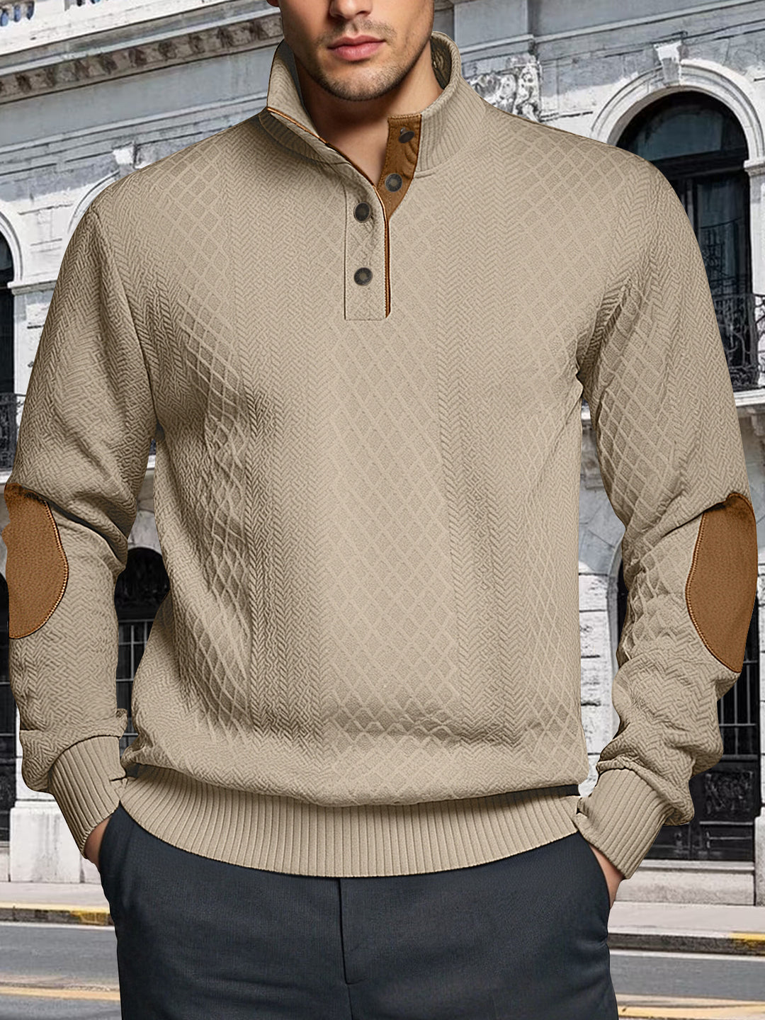 Herren Strickpullover mit strukturiertem Design und Lederpatches Aliams