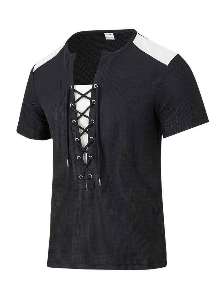 Herren Kurzarm-Henley-Shirt mit modischem Schnürdesign Aliams