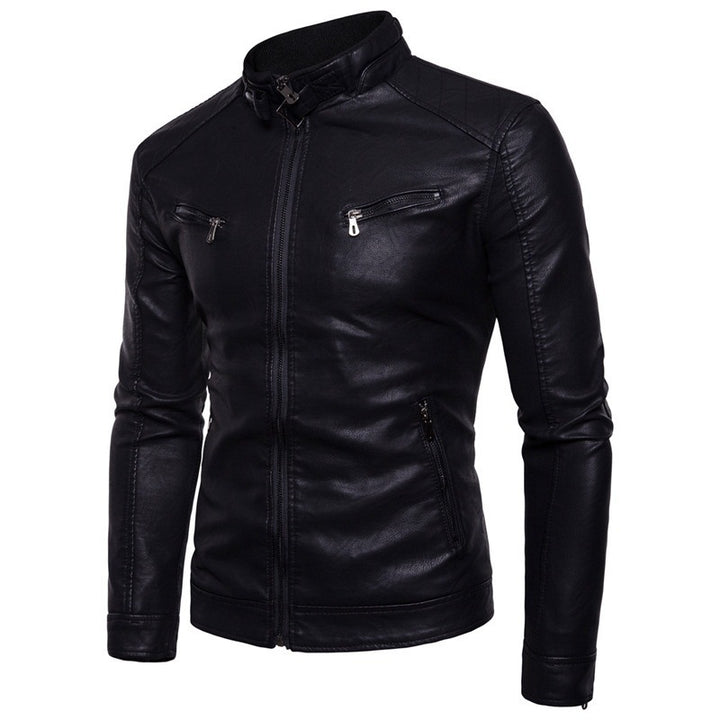 Herren stylische Lederjacke mit modernem Stehkragen und Reißverschlüssen Aliams