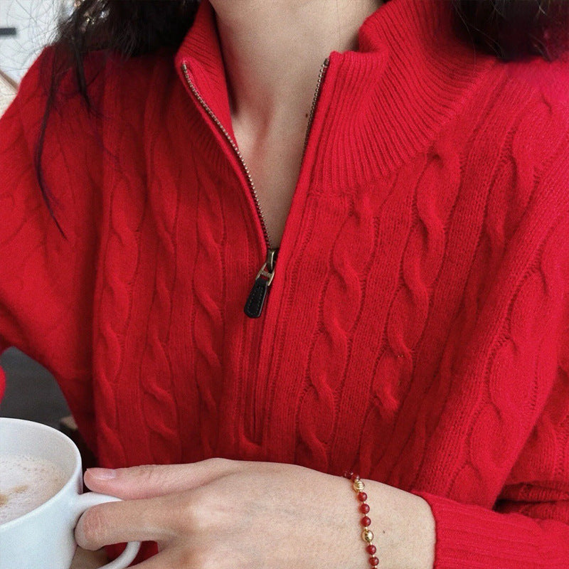 Herren eleganter Strickpullover mit halbem Reißverschluss und Zopfstrickmuster Aliams