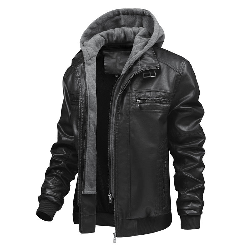 Herren Lederjacke mit abnehmbarem Kapuzen-Innenfutter Aliams
