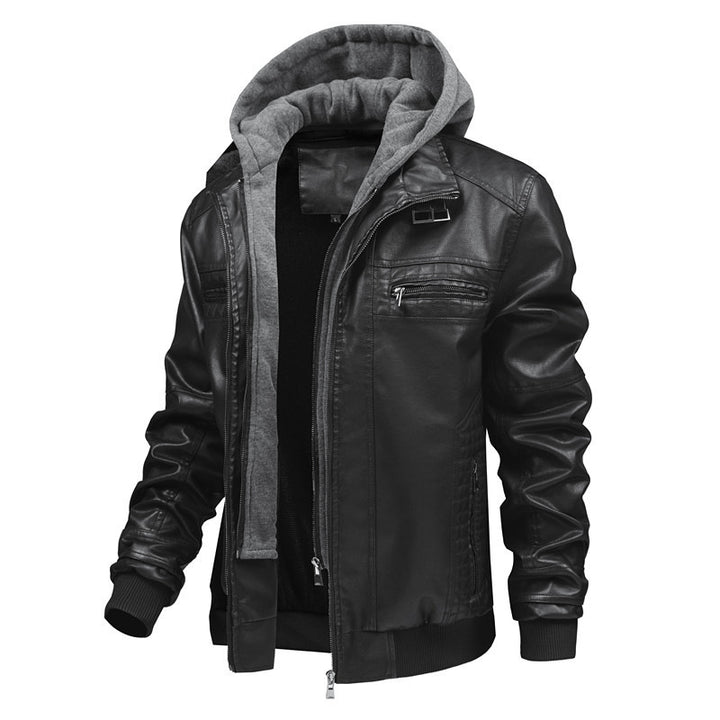 Herren Lederjacke mit abnehmbarem Kapuzen-Innenfutter Aliams