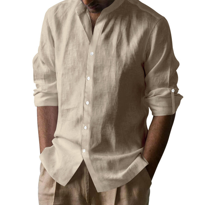 Herren Elegantes Leinenhemd mit Stehkragen und Knopfdetails Aliams