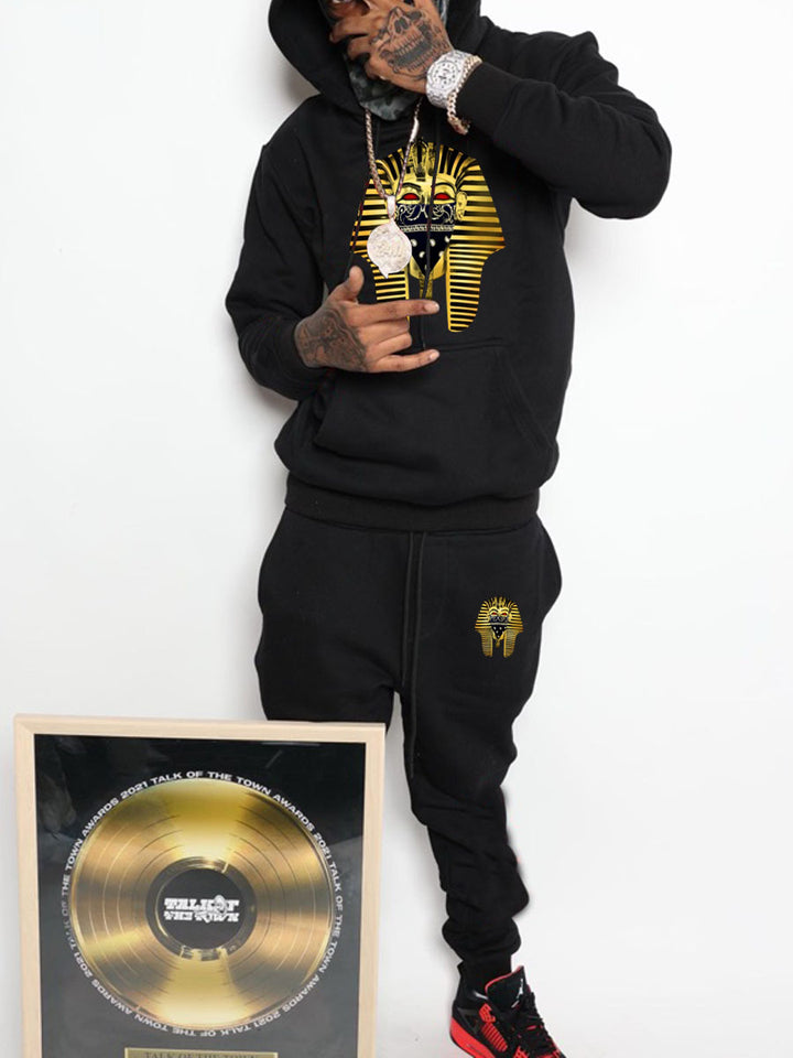 Herren Kapuzenpullover und Jogginghose Set mit künstlerischem Pharaonen-Motiv Aliams