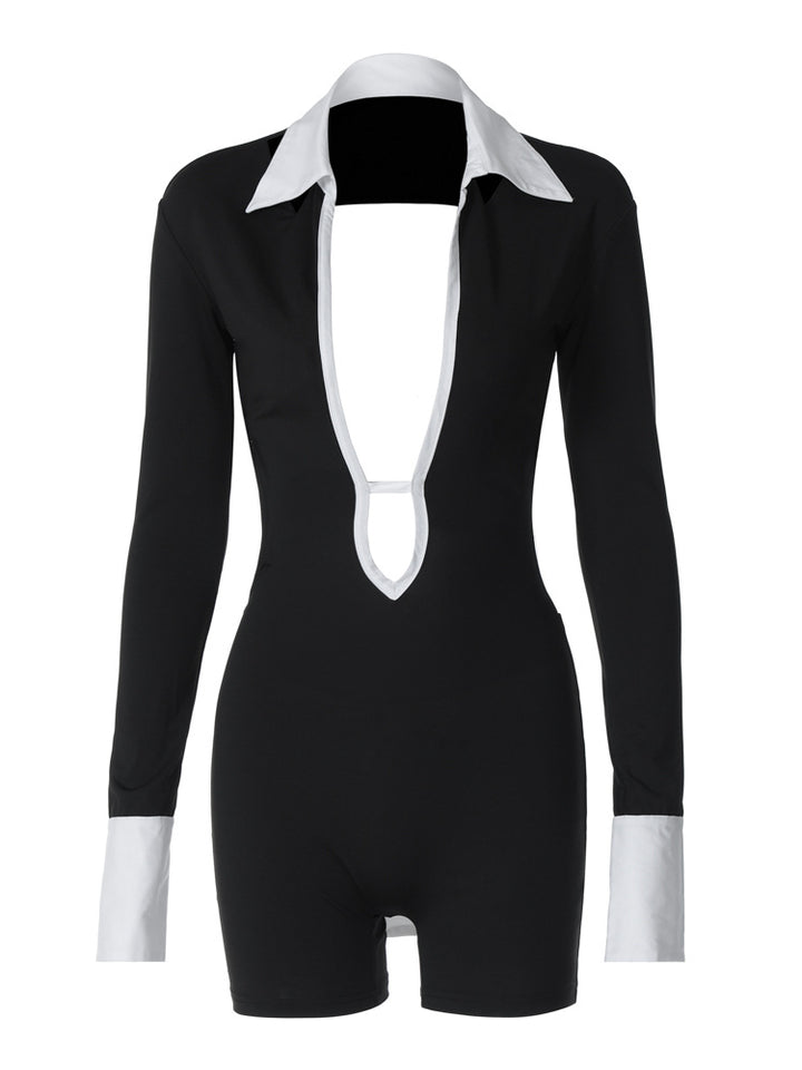 Damen Eleganter Jumpsuit mit tiefem Ausschnitt und kontrastierenden Ärmeln Aliams