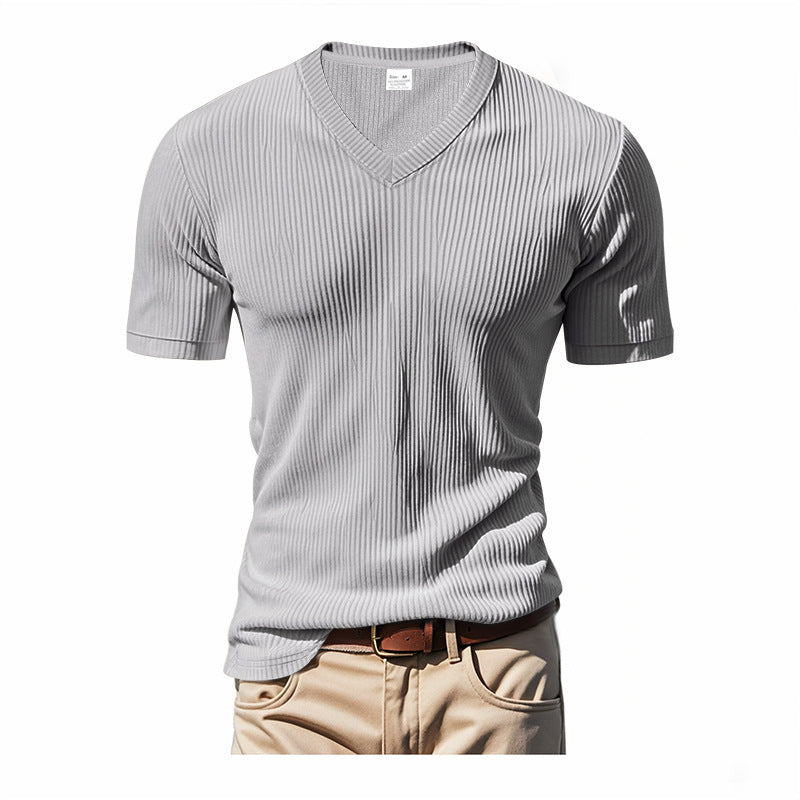 Herren V-Ausschnitt T-Shirt mit strukturiertem Rippenmuster Aliams