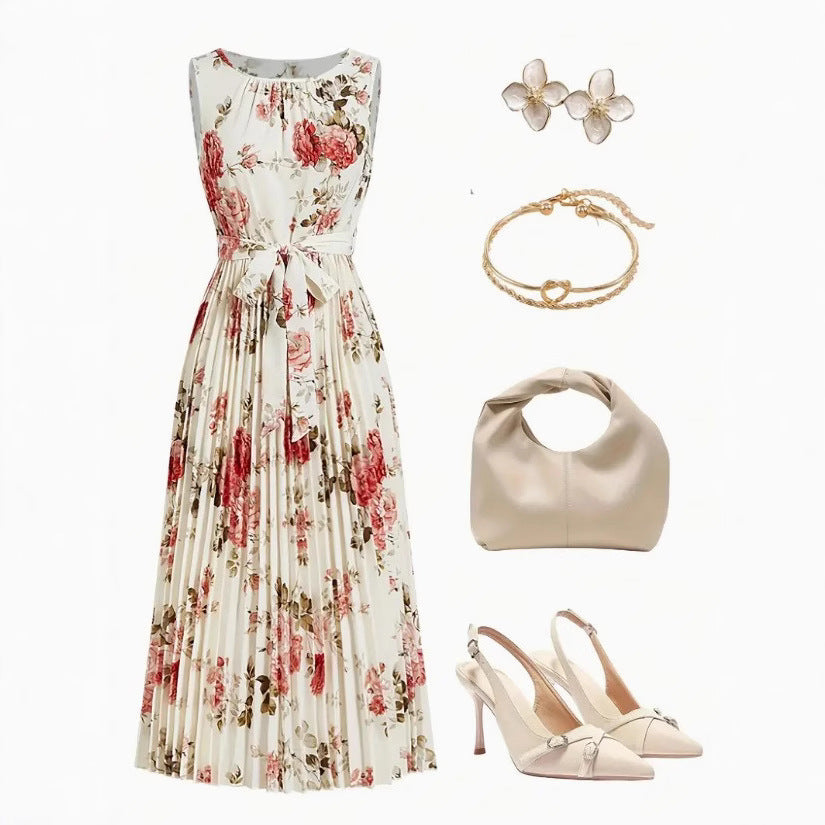 Damen Plisseekleid mit floralem Muster und Gürtel Aliams