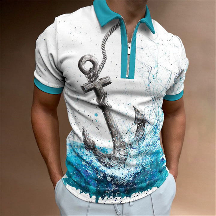 Herren Kurzarm Poloshirt mit maritimem Motiv und sportlichem Reißverschluss Aliams