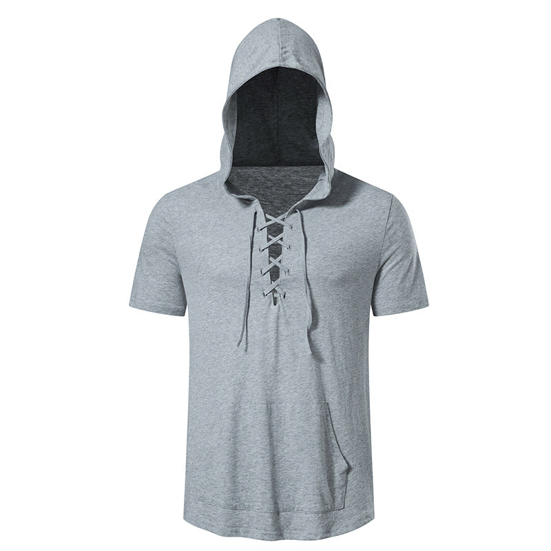 Herren Kurzarm-Hoodie mit lässigem Lacing-Design und praktischer Kängurutasche Aliams