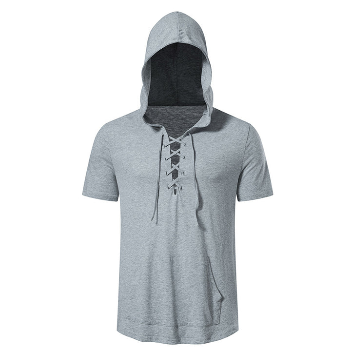 Herren Kurzarm-Hoodie mit lässigem Lacing-Design und praktischer Kängurutasche Aliams