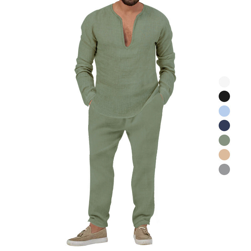 Herren Elegantes Leinen-Loungewear-Set mit Stehkragen Aliams