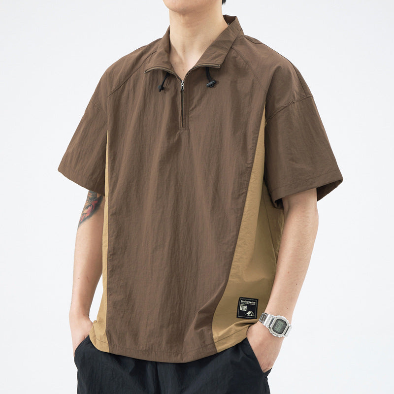 Herren Kurzarm Outdoor-Hemd mit Stehkragen und funktionaler Reißverschlussöffnung Aliams