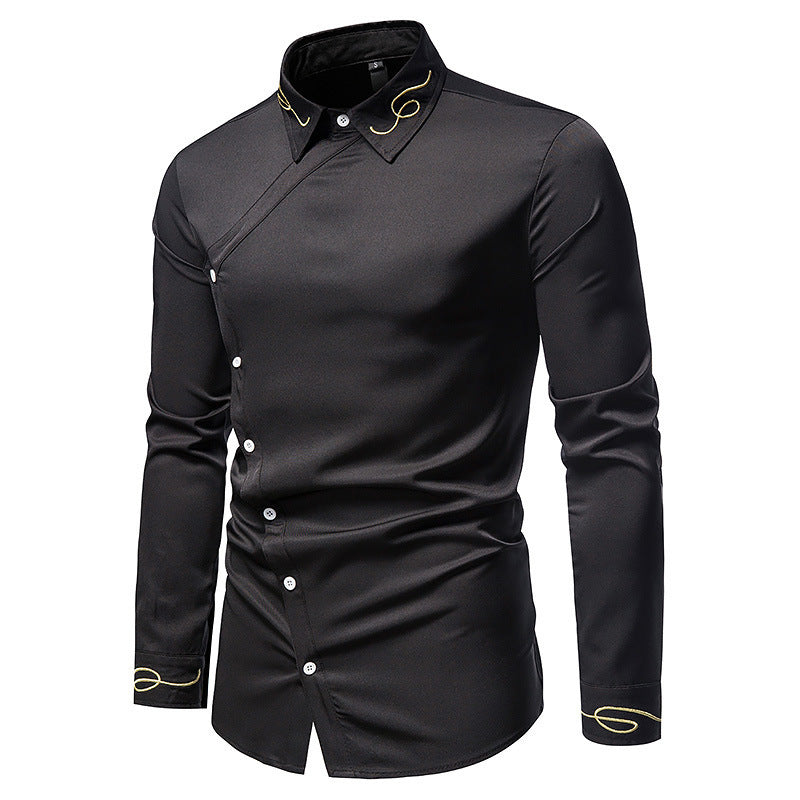 Herren Elegantes Langarmhemd mit asymmetrischem Knopfdesign und gesticktem Kragen Aliams
