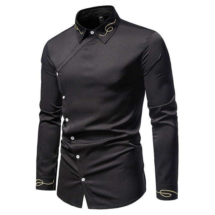 Herren Elegantes Langarmhemd mit asymmetrischem Knopfdesign und gesticktem Kragen Aliams