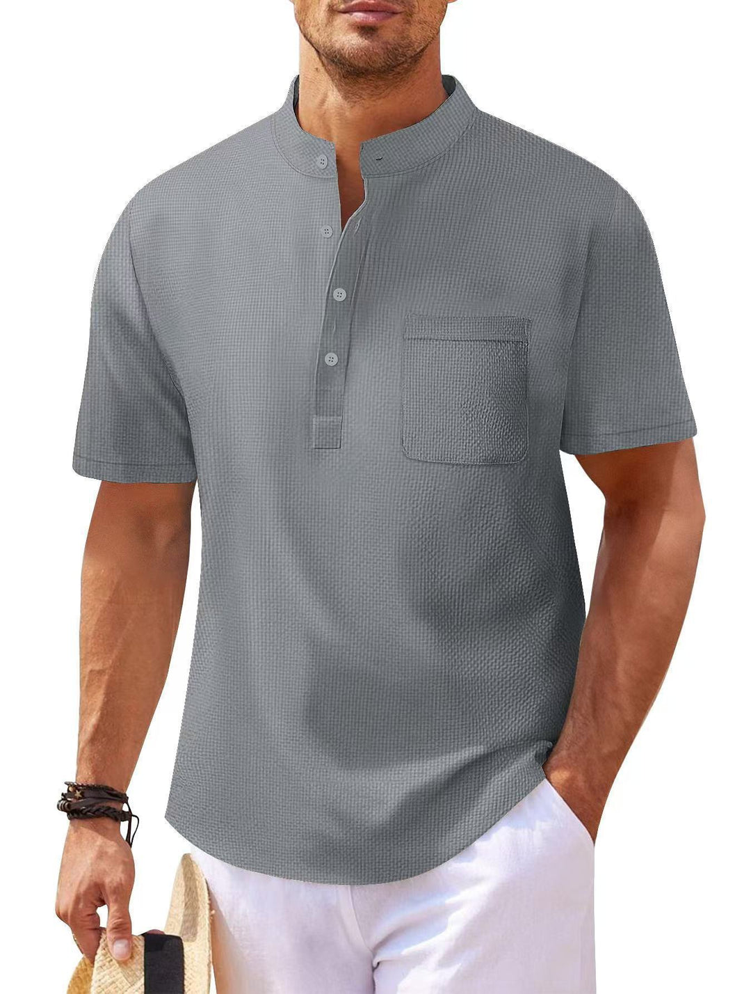 Herren Kurzarm-Henley-Shirt mit strukturiertem Design und praktischer Brusttasche Aliams