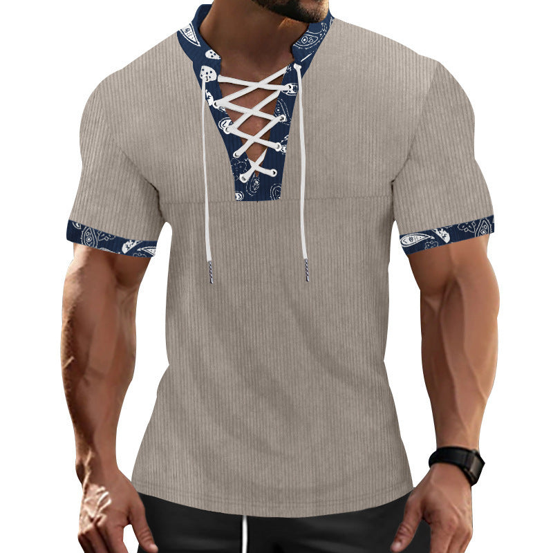 Herren Kurzarm Henley-Shirt mit modernem Schnürdesign und attraktiven Kontrastelementen Aliams