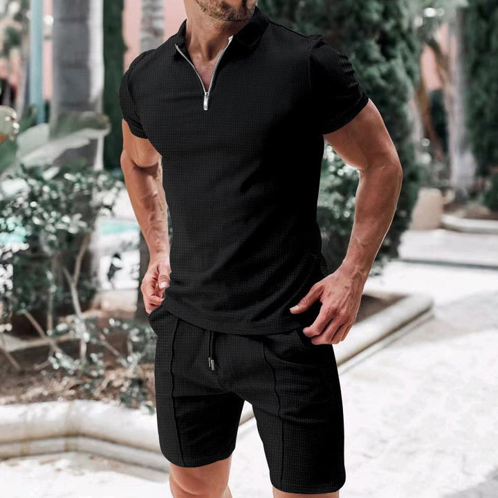Herren Sportliches Kurzarmshirt mit Reißverschluss und Shorts Set Aliams