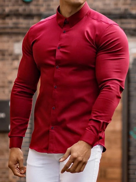 Herren körperbetontes Langarmhemd mit modischem Kragen und eleganten Knöpfen Aliams
