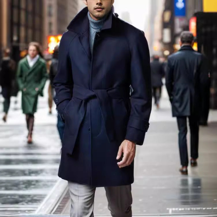 Herren eleganter Mantel mit Gürtel und klassischem Revers Aliams