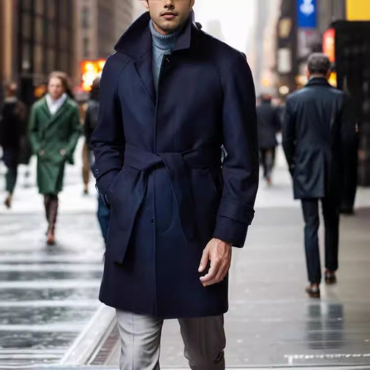 Herren eleganter Mantel mit Gürtel und klassischem Revers Aliams